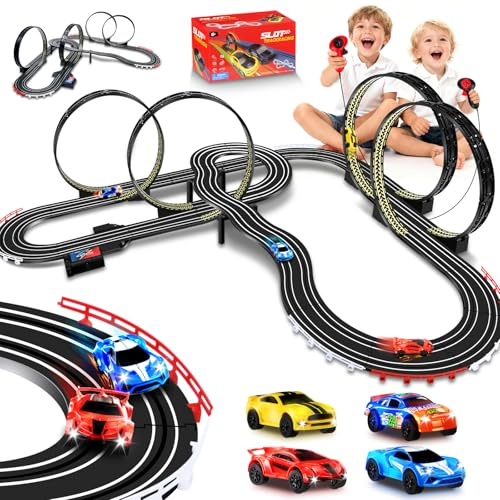 YOOHBERRYS Autorennbahn Rennbahn Kinder, 1:64 Autobahn USB Elektrische Rennstrecke mit 4 LED Slotcars Rundenzähler 360° Looping Rennstrecke AutoSpielzeug Geschenke Jungen Mädchen 6-12 (821cm)