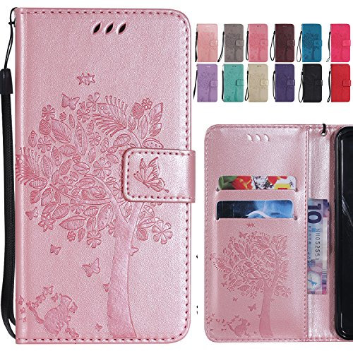 Ougger Cover per Huawei Mate 20 Lite Custodia, Portafoglio Pelle Magnetico Morbido Protettivo Silicone Flip Cover Borsa Custodie per Huawei Mate 20 Lite con Slot per Schede, Gatto e Albero (Rosa Oro)