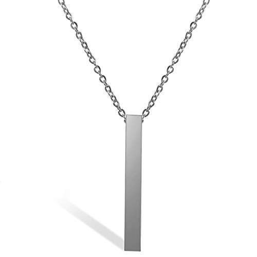 JewelryWe Collar de joyería con grabado, cadena personalizada de acero inoxidable con colgante de placa rectangular pulida brillante para hombre y mujer, plata, Acero inoxidable