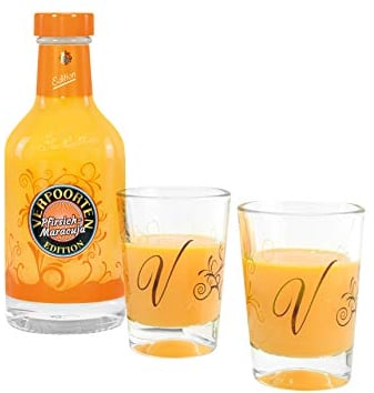 Bundle mit 0,2 L VERPOORTEN PFIRSICH-MARACUJA Eierlikör 17%vol und 2 VERPOORTEN Designgläser