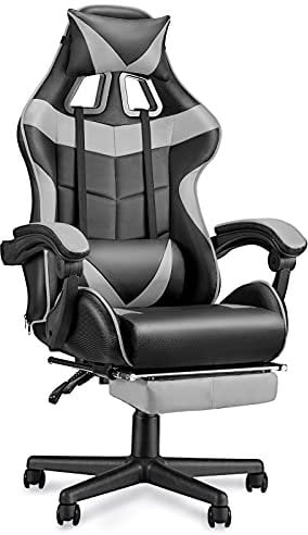 Soontrans Silla Gamer Ergonómica Sillas Gaming con Reposapiés Reposacabeza Apoyo y Cojín Lumbar, Altura Ajustable, para Videojuegos (Gris)