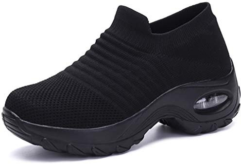 Solshine Damen Mesh Plateau mit Luftpolster Slip on Turnschuhe 579 Schwarz2 41EU