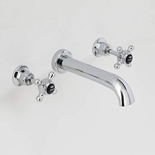 Milano Elizabeth Wall Mounted 3 Tap-Hole Basin Mixer Tap Crosshead Handle - Chrome Black