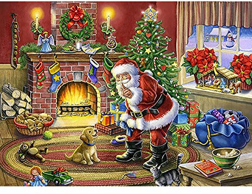 Bimkole 5D Diamond Painting DIY Kits Père Noël, Sapin de Noël Chien Broderie Diamant Kits De Broderie Au Point De Croix Strass Rond Résine Peinture Décor à La Maison (30x40 cm)