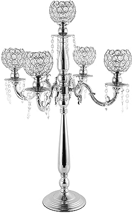 VINCIGANT 5 Arm Kerzenhalter Kristall Dekoration Silber Kristall Kerzenhalter, Verwendet Für Hochzeit Tischdekoration, Geburtstagsgeschenk (Silber)