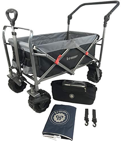 Bollerwagen faltbar Lemmy LMY100, GS geprüft, klappbar, Vorderrad-Bremse, PU Reifen… (Set 1, Schwarz+Grau)