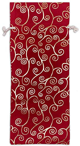 12 Pack - Red Velvet Bottle & Wine Gift Bags with Drawstring - (Gold Swirls, 6 x 14) - for Storage, Holiday Parties, Promotional Events by TheDisplayGuys
