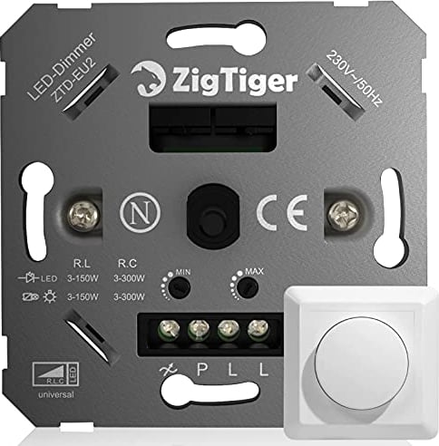Zigtiger Dimmer Schalter, Drehdimmer,Einbau-Dimmerschalter für dimmbare LED 5-150W /Halogen/Glühfaden/Glühlampe 5-300W,dimmer für led lampen, LED Dimmer 230V, Keine Klemmkrallen,Milchweiß