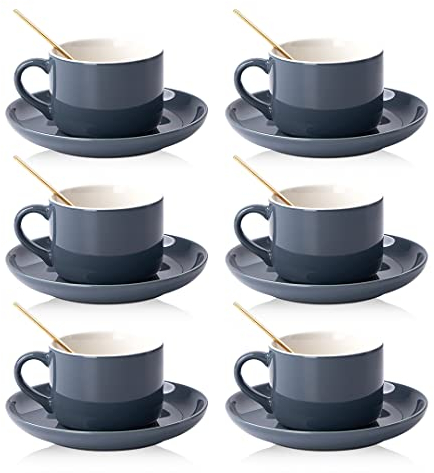 CHILDIKE Porcelain Coffee Cups and Saucers Set of 6 with Gold Spoon 220 ml/ 8 Ounce, Ceramic Grey Cups for Tea Cappuccino Espresso