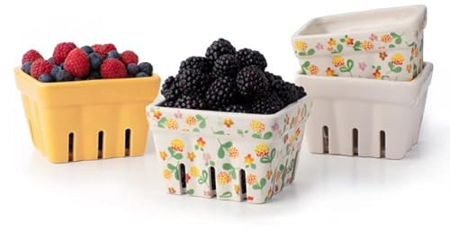 Farmhouse Ceramic Berry Basket, Colander, Farmers Market Square Bowl. Rustic Kitchen Decor Fruit Basket, Yellow, White and Floral Pattern Stoneware Harvest Bowl Set of 4