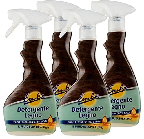 4x Emulsio Detergente Legno Spray Pulente e Lucidante con Olio d'Argan per Mobili in Legno- 4 Flaconi da 375ml ognuno