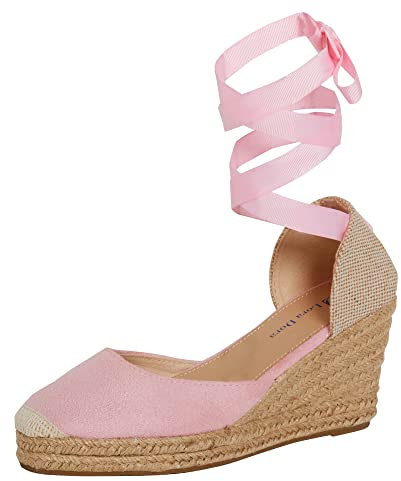Lora Dora Donne Espadrille Zeppa Sandali Donne Strappy Zeppa in Iuta Scarpe Estive Cinturini alla Caviglia, Rosa, 36 EU