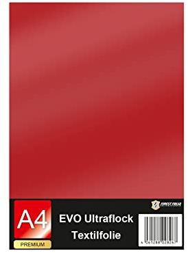 Evo Ultraflock Textilfolie für Plotter 33 Farben Flockfolie im Din A4 Format 30x20cm Plotterfolie für Stoff Kleidung T-Shirt Flock Folie Zubehör (1 Bogen, 006 Rot)