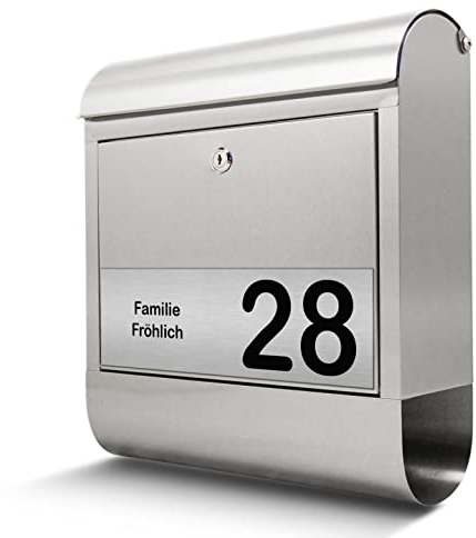 banjado® Briefkasten personalisiert mit graviertem Namensschild in Silber/Briefkasten Edelstahl 38x43x12cm / Briefkasten mit Hausnummer, Namen & Motiv Gravur 1 /Briefkasten mit Zeitungsfach
