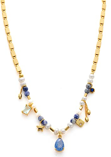 C.Paravano Halskette Perlen Damen mit Blau Edelsteinanhänger | Edelsteinanhänger Perlen Kette Damen Gold | Perlenkette Geschenk für MaMa Frauen
