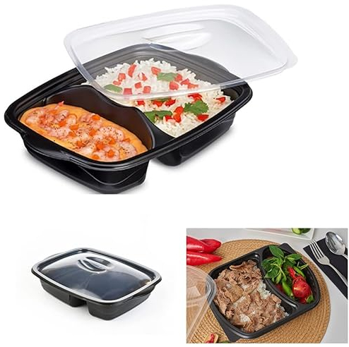 HK Online BPA Free Plastic PK5 2 Section Takeaway CONTAINERS & Lids -Plastic Food Containers, Meal Prep BENTO Boxes, Home, Pub, Catering Kitchens, Reuseable, Microwave & Freezer Safe (PK5 2 Section)