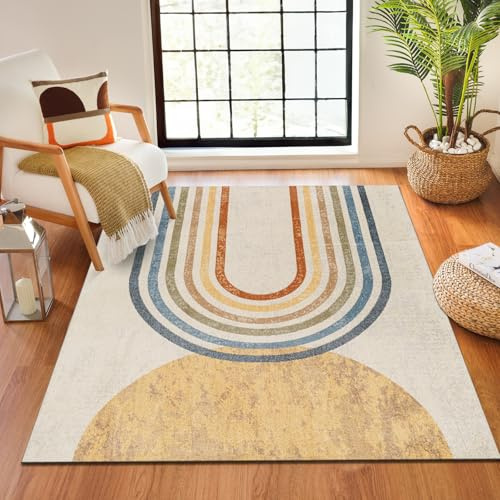Livabliss Asuncion Machine Washable Rug - Modern Area Rugs Living Room, Large Rug 200x274 cm - Traditional Boho Style, Dining Room, Kitchen, Outdoor, Hallway - Ivory, Blue and Orange