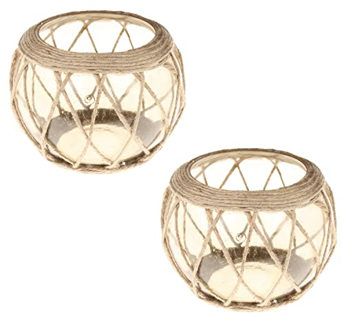 MACOSA VM100422_x2 Teelichthalter 2er Set Windlicht Glas Jute rund 9 cm Deko Glaswindlicht Tisch-Dekoration Kerzenhalter Teelicht Halter Kerzenglas Teelichtglas