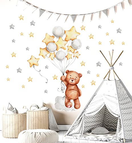 WONDER MURALS Wandtattoo Wandsticker Bär Babyzimmer Kinderzimmer Mädchen Junge Baby Teddybär Wolken Sterne Deko Wanddeko Wandaufkleber Selbst Aufkleben (Gelb, L - 66 x 89 cm (B x H))