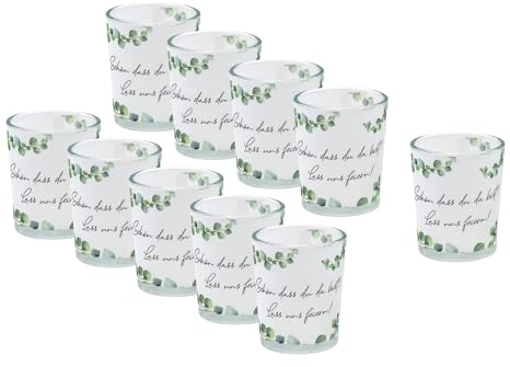 Windlichtglas mit Motiv Banderole mit Eukalyptus und Spruch 'Schön, DASS du da bist!' Set 10 Stück