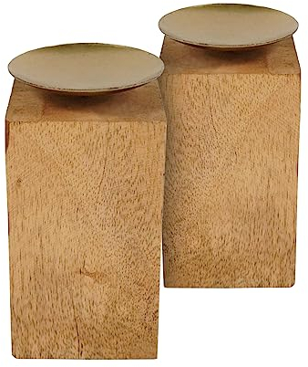 Holz Kerzenhalter 15 cm mit Metall Kerzenteller - 2er Set - Kerzenständer für Stumpen- und Kugel-Kerzen - Tisch Kerzenleuchter Landhaus Deko