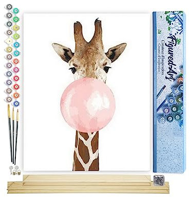 Figured'Art Peinture par Numéro Adulte avec Cadre Girafe et Chewing gum - Activité Manuelle Kit de Loisir Créatif DIY Numéro d'Art Complet Animaux - 40x50cm avec châssis en bois à monter