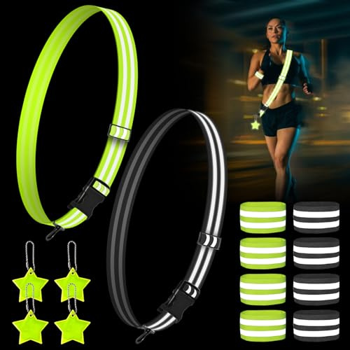 14 Stück Reflektoren Kleidung Set, Reflektorgurt Set Beinhaltet 2 Reflektor Gürtel Verstellbaren, 8 Reflektorband, 4 Reflektoren Anhänger für Kinder, Erwachsene, Hunde, Outdoor Sports, Fahrrad