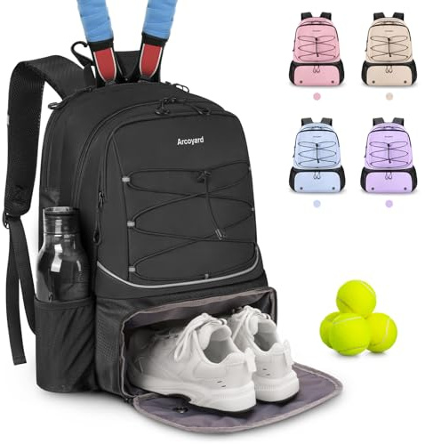 Arcoyard Tennis Bag, Large Tennis Bags For Women, Tennis Backpack with Ventilated Shoe Compartment and Insulated Pocket, Hold 2 Tennis Pickleball Rackets, Tennis Pickleball Balls and More (black)