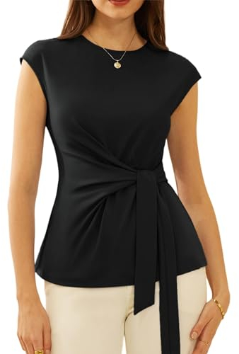 Damen Slim Fit Plissee-Top Kurz Flügelärmel Bluse Rundhals Tunika Taillen Wickelbluse Einfarbige Business Shirt Arbeit Büro Outfit Schwarz M