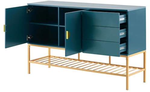 Azkoeesy Sideboard mit 3 Schubladen und 2 Türen, 130 cm Breite, Kommode, Buffetschrank, Schuhschrank, mit goldenem Metallgestell und Regal, für Küche/Flur/Wohnzimmer, Blau