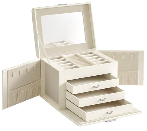 SONGMICS Schmuckkästchen 4 Ebenen, Schmuckkasten mit Griff, 3 Schubladen, Schmuckschatulle mit Spiegel, Schloss, Schmuckaufbewahrung, Bezug in Wolkenweiß, Innenfutter in Cremeweiß JBC159W02