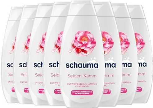 Schauma Entwirrendes Shampoo Seiden-Kamm (8x 400 ml), Haarshampoo pflegt ohne zusätzliche Spülung, Glanz-Shampoo für schwer kämmbares & stumpfes Haar, mit Rosen-Öl