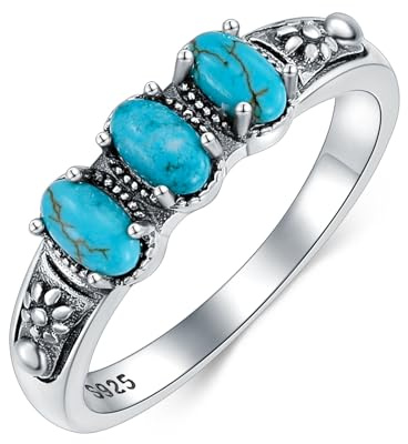 BETHZA Echter Türkis-Ring 925er-Sterlingsilber echter Türkis 3 Steine Vintage-Stil südwestlicher Schmuck Geschenke für Frauen