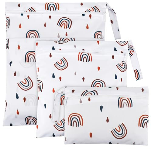 Zocipro 3 Stück Wetbag Stoffwindeln, Wetbag Kindergarten, Wet Bag Wiederverwendbare, Nasse und Trocken Wickeltaschen mit Reißverschluss für Kleinkind-Windeln, Reisen, Strand und Pool,(Regenbogen)