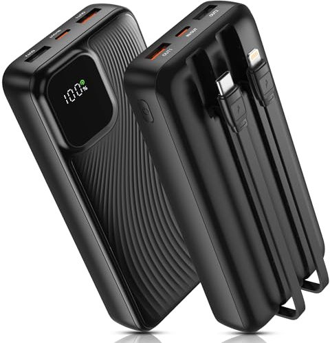 Power Bank con Cavi Integrati 27000mAh Caricatore Portatile 22,5W QC & 20W PD Ricarica Rapida LED Display powerbank con 5 Uscite & 2 Ingressi per iPhone Samsung Smartphone Tablet