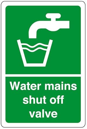 Water mains shut off valve - safety sign - High tack self-adhesive sticker (150mm x 100mm) Viewing Distance within 3m.