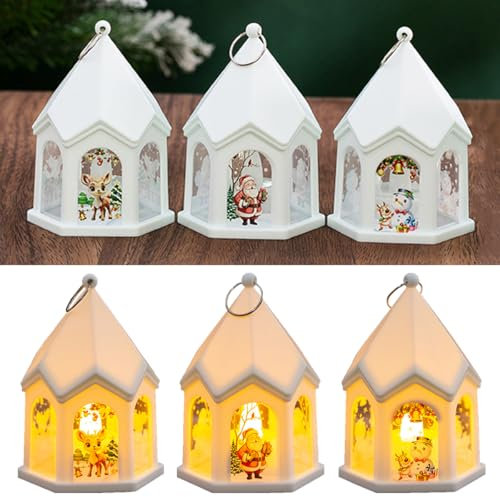 3 Stück Weihnachtsdeko Laterne Häuser Weihnachtslaterne mit LED, Weihnachten Deko Weihnachtsmann Schneemann Elch Häuser Laterne Hängend Weihnachtsdekoration Laterne Beleuchtete Windlicht (Weiß)