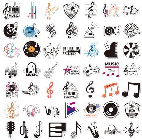 50Pcs Music Stickers for Water Bottle, Laptop, Skateboard, Guitar - Vinyl Musical Note, Cute Aesthetic Fun Stickers for Scrapbooking, Helmet