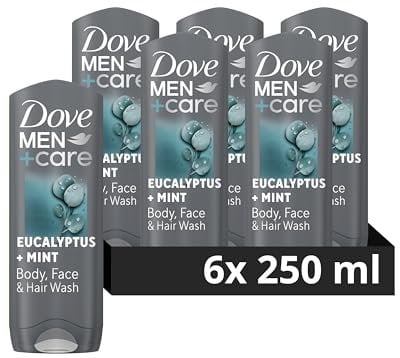 Dove Men+Care Eucalyptus + Mint 3-in-1 Hair, Face and Body Wash Body Cleanser shower gel with MicroMoisture technology for 24 hour nourishment 6x 250 ml