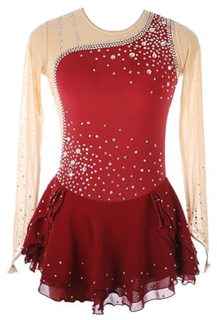 ZSWXF Eiskunstlauf-Rock Damenkostüm für Mädchen Professionelle Rollschuh Trainingskleidung Langärmliges Eiskunstlauf Kleid,Wine red,XS