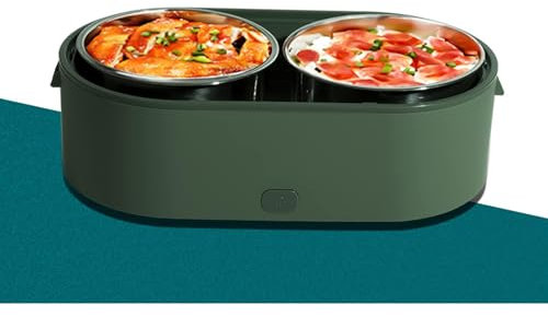 Lonchera eléctrica portátil para coche y hogar, alimentada por USB, 2 recipientes de acero inoxidable, mini coche, microondas, color verde