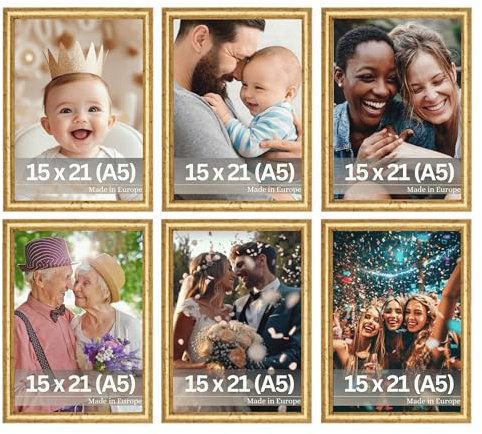 VictoR Bilderrahmen gold 6er Set 15x21 cm (A5) David - Leiste 14x17mm - Fotorahmen vintage A5 - Shabby Chic Deko - Bilderrahmen Set 15x21 gold