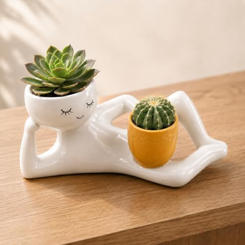 Lazy Laydown ceramics Pot Dual Planting Slots,Indoor,Outdoor Succulent Container,Home Decor for Desk/Balcony,Unique Gift for Christmas Birthday Housewarming