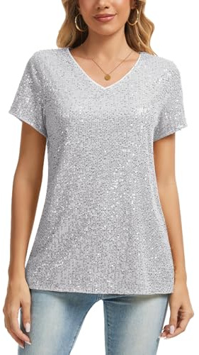 MINTLIMIT Sequin Blouse Womens Fully Lined Sparkling Short Sleeve Glitter T Shirt V Neck Top (Silvery XXL)