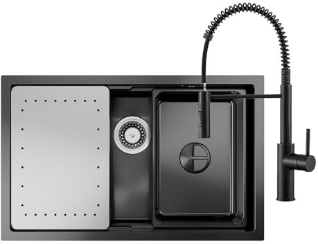 CECIPA Fregadero negro (antracita), 70 x 44 cm, incluye grifo de cocina, muelle en espiral, fregadero grande de acero inoxidable, 1 lavabo con grifo y muelle en espiral