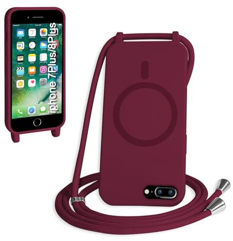FMPCUON Magnétique Coque avec Cordon pour iPhone 6/7/8 Plus, [Compatible avec MagSafe] Etui Collier Réglable Téléphone Étui Portable Lanyard Case Protection Complète Cover,Rouge