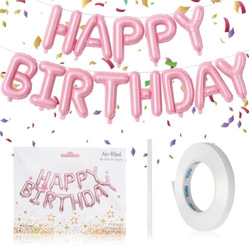 Pink Happy Birthday Banner, 16 Inch Pastel Light Pink Self Inflating Happy Party Letter Foil Balloons, for Women Happy New Year Party Decorations