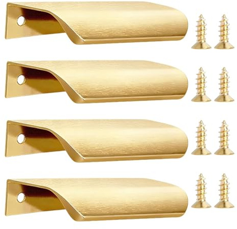4 Pcs Gold Kitchen Cupboard Handles, 80mm Brushed Gold Handles, Aluminium Alloy Concealed Handle, Finger Edge Pulls, Modern Drawer Handle, with Screws, for Kitchen Cabinet Drawer Closet Door