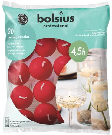 Bolsius Schwimmkerzen - Rot - 20 Stück - Durchmesser 45 mm - Länge Brenndauer 4,5 stunden- Praffinwachs - Ohne Palmöl - Dekorative Haushaltkerzen