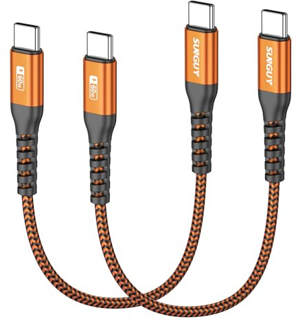 SUNGUY Cable corto USB C, 2 unidades de 15 cm, USB-C a USB c, cable de carga Type C de 60 W para iPhone 17/16/15 Pro/Pro Max/Plus, Galaxy S24/S23/S22/A54, MacBook Air, iPad Pixel 7 Pro-Naranja